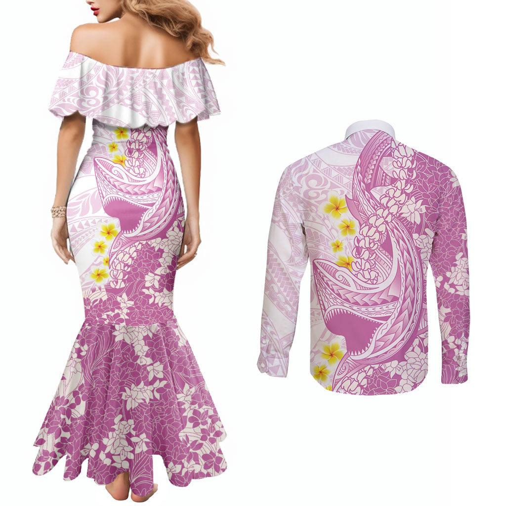 Purple Hawaii Shark Tattoo Couples Matching Mermaid Dress and Long Sleeve Button Shirt Puakenikeni Lei Plumeria Polynesian Pattern LT14 - Polynesian Pride