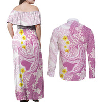 Purple Hawaii Shark Tattoo Couples Matching Off Shoulder Maxi Dress and Long Sleeve Button Shirt Puakenikeni Lei Plumeria Polynesian Pattern