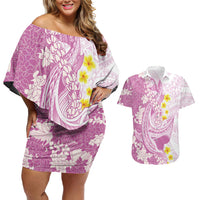 Purple Hawaii Shark Tattoo Couples Matching Off Shoulder Short Dress and Hawaiian Shirt Puakenikeni Lei Plumeria Polynesian Pattern LT14 Purple - Polynesian Pride