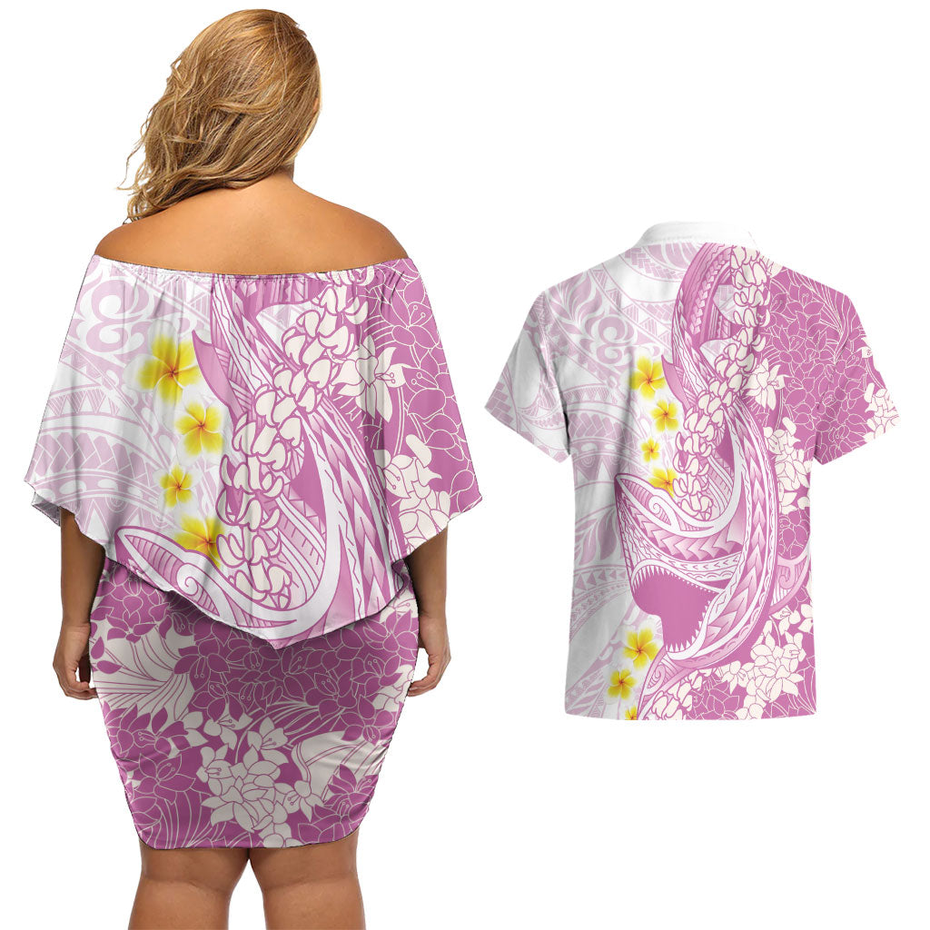 Purple Hawaii Shark Tattoo Couples Matching Off Shoulder Short Dress and Hawaiian Shirt Puakenikeni Lei Plumeria Polynesian Pattern LT14 - Polynesian Pride