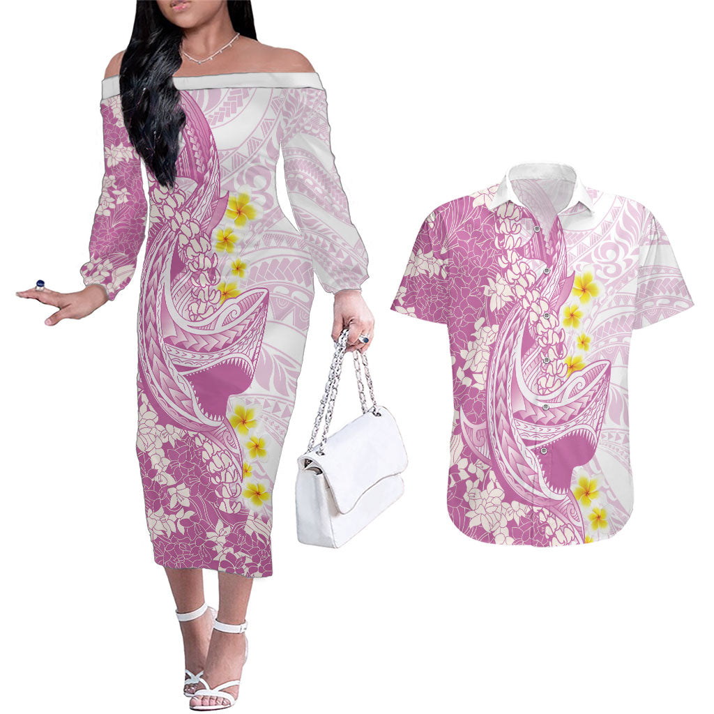 Purple Hawaii Shark Tattoo Couples Matching Off The Shoulder Long Sleeve Dress and Hawaiian Shirt Puakenikeni Lei Plumeria Polynesian Pattern LT14 Purple - Polynesian Pride