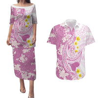 Purple Hawaii Shark Tattoo Couples Matching Puletasi and Hawaiian Shirt Puakenikeni Lei Plumeria Polynesian Pattern