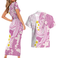 Purple Hawaii Shark Tattoo Couples Matching Short Sleeve Bodycon Dress and Hawaiian Shirt Puakenikeni Lei Plumeria Polynesian Pattern LT14 - Polynesian Pride