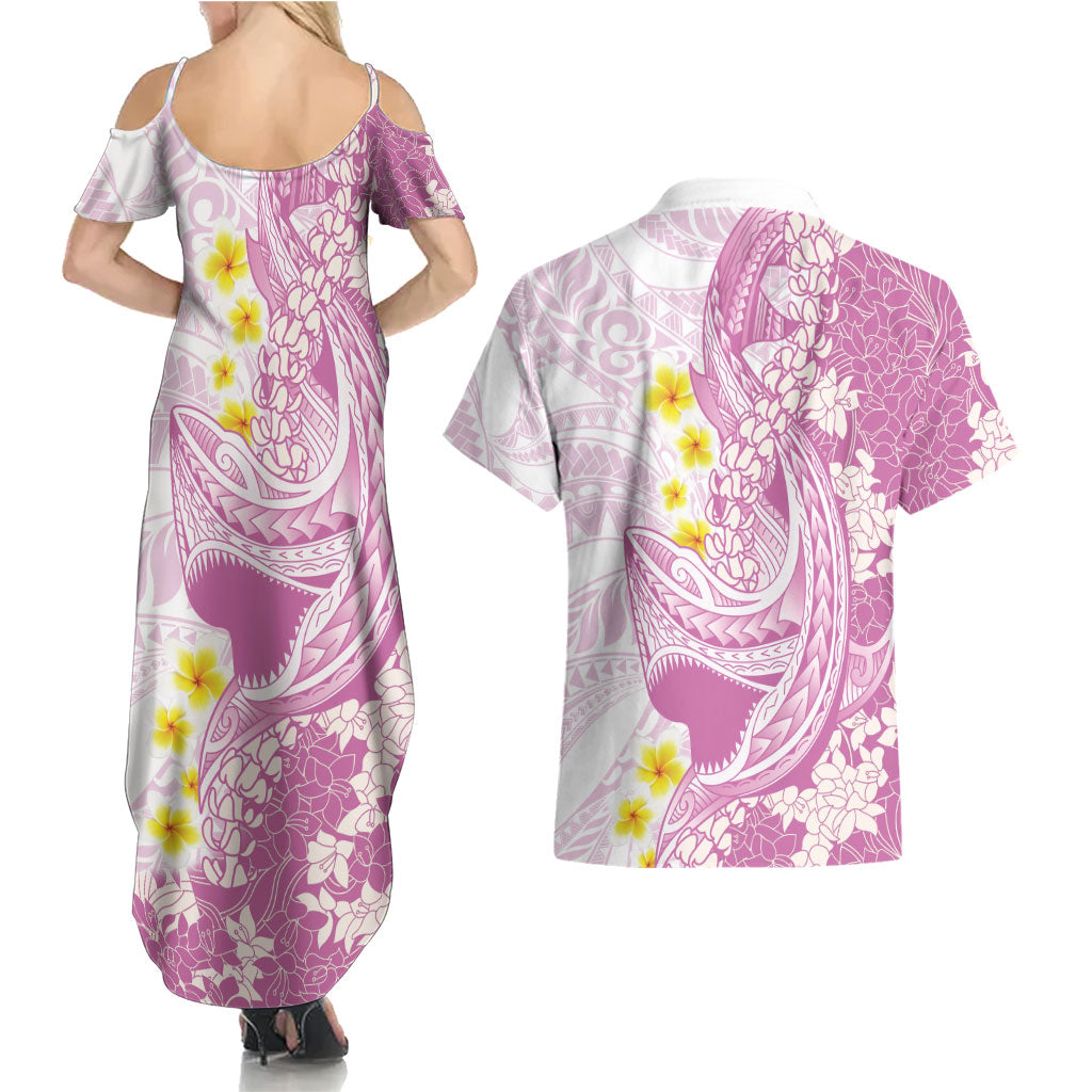 Purple Hawaii Shark Tattoo Couples Matching Summer Maxi Dress and Hawaiian Shirt Puakenikeni Lei Plumeria Polynesian Pattern LT14 - Polynesian Pride