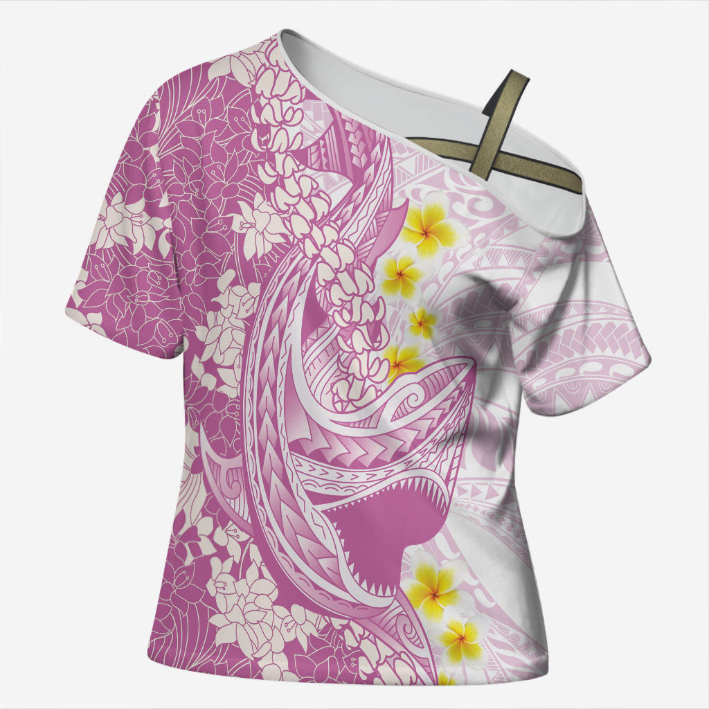Purple Hawaii Shark Tattoo Cross Shoulder Shirt Puakenikeni Lei Plumeria Polynesian Pattern