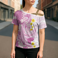 Purple Hawaii Shark Tattoo Cross Shoulder Shirt Puakenikeni Lei Plumeria Polynesian Pattern