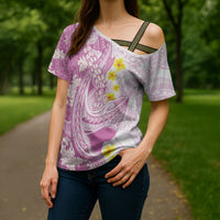 Purple Hawaii Shark Tattoo Cross Shoulder Shirt Puakenikeni Lei Plumeria Polynesian Pattern