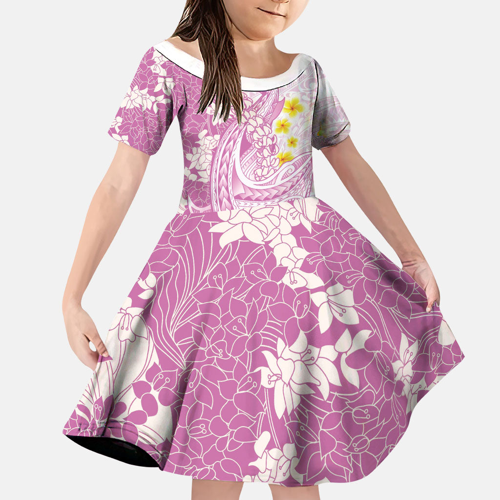 Purple Hawaii Shark Tattoo Family Matching Long Sleeve Bodycon Dress and Hawaiian Shirt Puakenikeni Lei Plumeria Polynesian Pattern LT14 Daughter's Dress Purple - Polynesian Pride