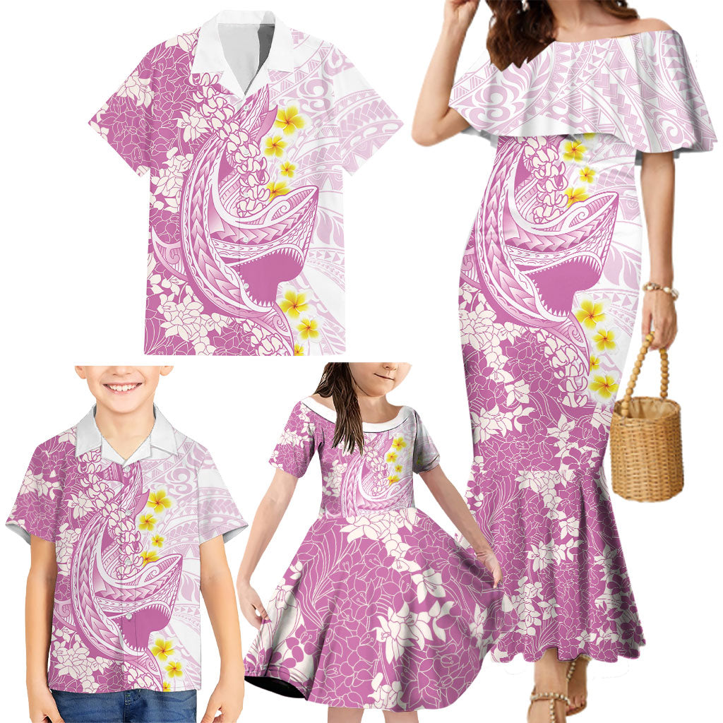 Purple Hawaii Shark Tattoo Family Matching Mermaid Dress and Hawaiian Shirt Puakenikeni Lei Plumeria Polynesian Pattern