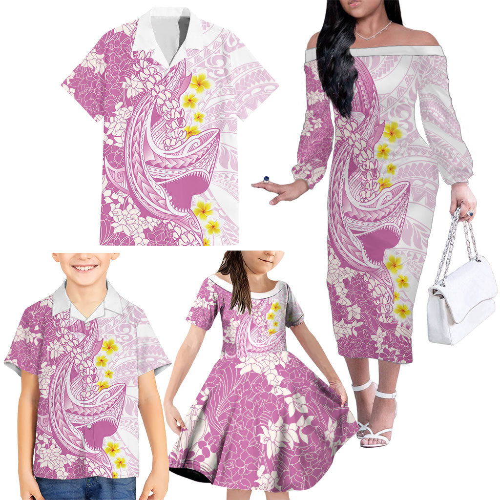 Purple Hawaii Shark Tattoo Family Matching Off The Shoulder Long Sleeve Dress and Hawaiian Shirt Puakenikeni Lei Plumeria Polynesian Pattern