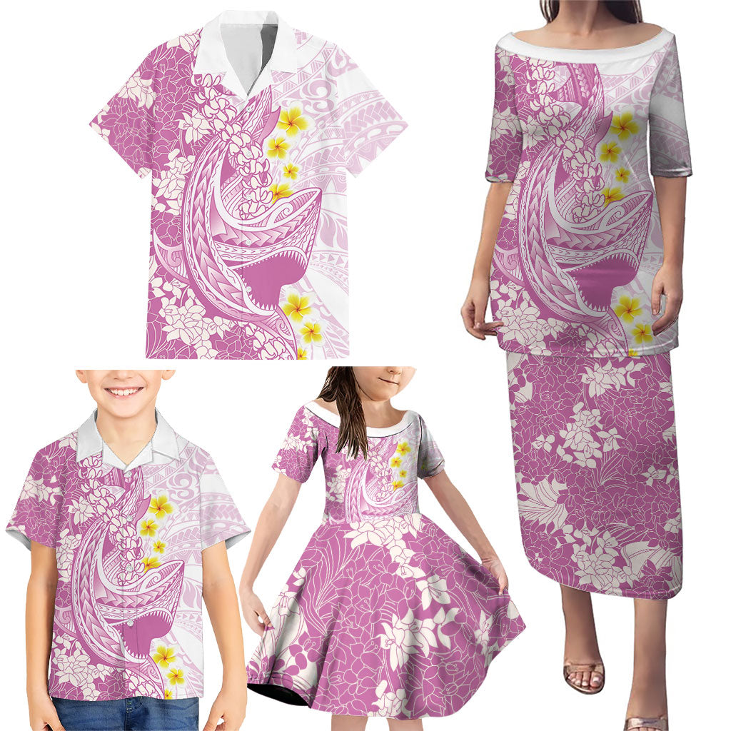 Purple Hawaii Shark Tattoo Family Matching Puletasi and Hawaiian Shirt Puakenikeni Lei Plumeria Polynesian Pattern LT14 - Polynesian Pride