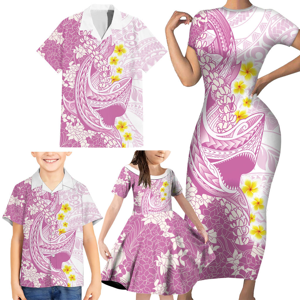 Purple Hawaii Shark Tattoo Family Matching Short Sleeve Bodycon Dress and Hawaiian Shirt Puakenikeni Lei Plumeria Polynesian Pattern LT14 - Polynesian Pride