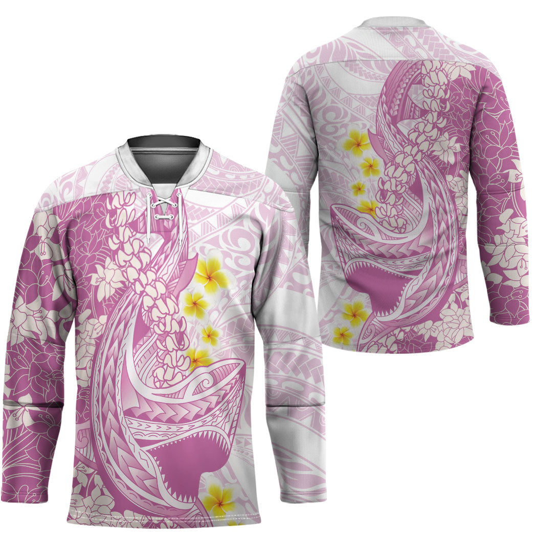Purple Hawaii Shark Tattoo Hockey Jersey Puakenikeni Lei Plumeria Polynesian Pattern