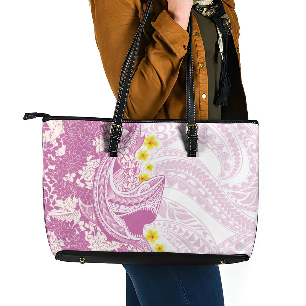 Purple Hawaii Shark Tattoo Leather Tote Bag Puakenikeni Lei Plumeria Polynesian Pattern
