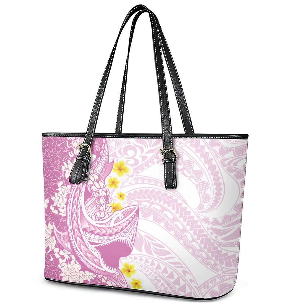 Purple Hawaii Shark Tattoo Leather Tote Bag Puakenikeni Lei Plumeria Polynesian Pattern