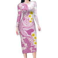 Purple Hawaii Shark Tattoo Long Sleeve Bodycon Dress Puakenikeni Lei Plumeria Polynesian Pattern