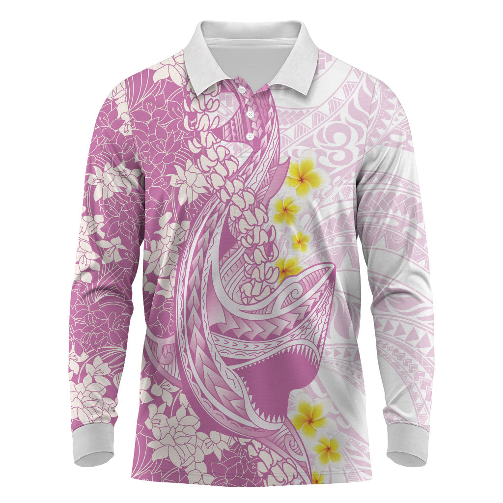 Purple Hawaii Shark Tattoo Long Sleeve Polo Shirt Puakenikeni Lei Plumeria Polynesian Pattern