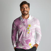 Purple Hawaii Shark Tattoo Long Sleeve Polo Shirt Puakenikeni Lei Plumeria Polynesian Pattern