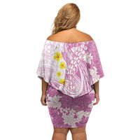 Purple Hawaii Shark Tattoo Off Shoulder Short Dress Puakenikeni Lei Plumeria Polynesian Pattern