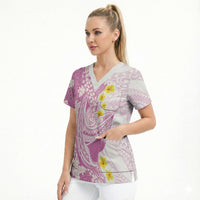 Purple Hawaii Shark Tattoo Scrub Top Puakenikeni Lei Plumeria Polynesian Pattern