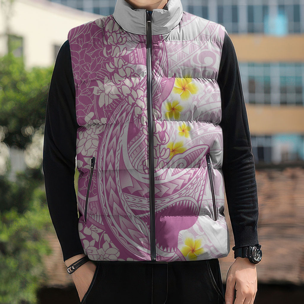 Purple Hawaii Shark Tattoo Sleeveless Puffer Jacket Puakenikeni Lei Plumeria Polynesian Pattern