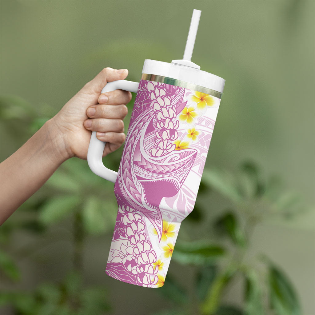 Purple Hawaii Shark Tattoo Tumbler With Handle Puakenikeni Lei Plumeria Polynesian Pattern