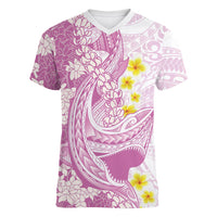 Purple Hawaii Shark Tattoo Women V-Neck T-Shirt Puakenikeni Lei Plumeria Polynesian Pattern