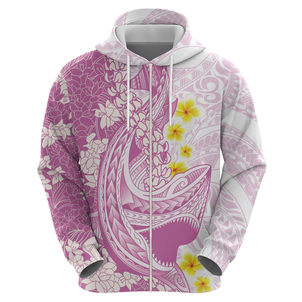 Purple Hawaii Shark Tattoo Zip Hoodie Puakenikeni Lei Plumeria Polynesian Pattern
