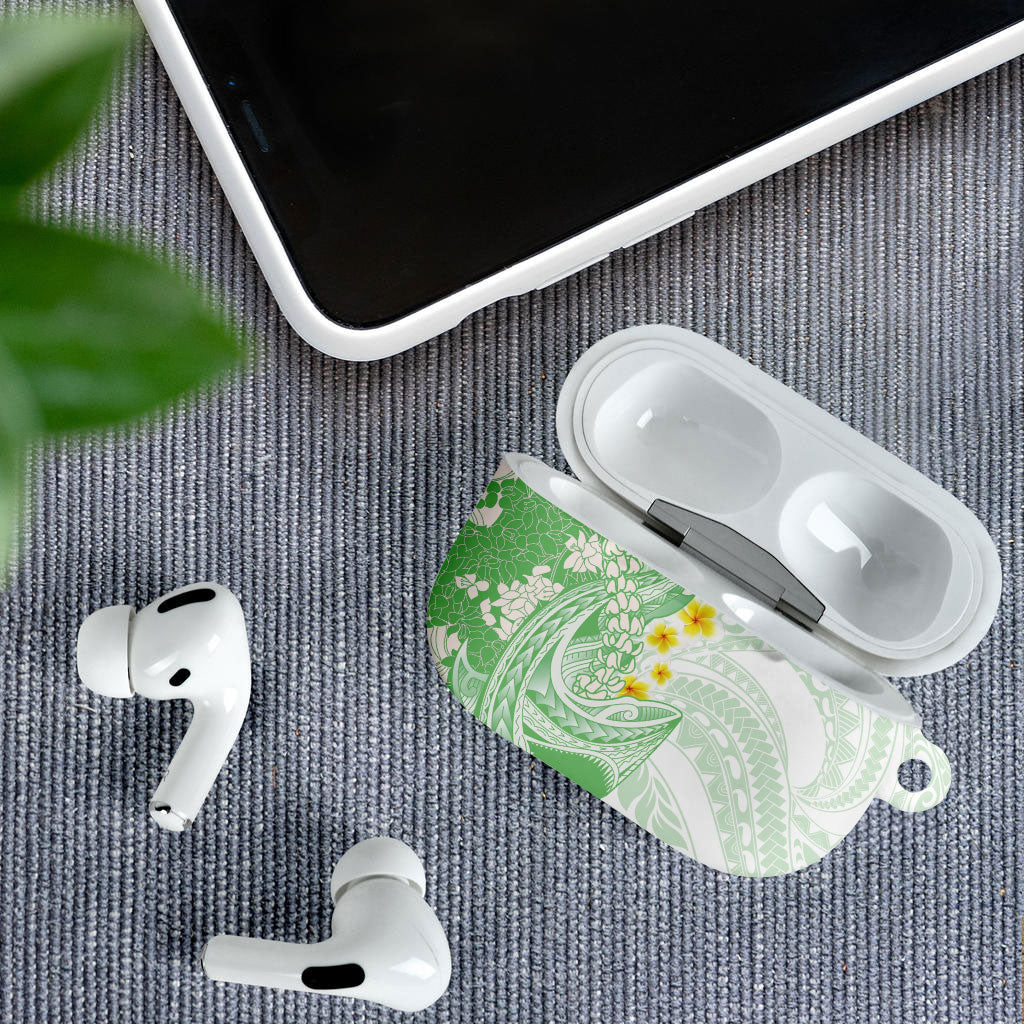 Green Hawaii Shark Tattoo AirPods Case Puakenikeni Lei Plumeria Polynesian Pattern