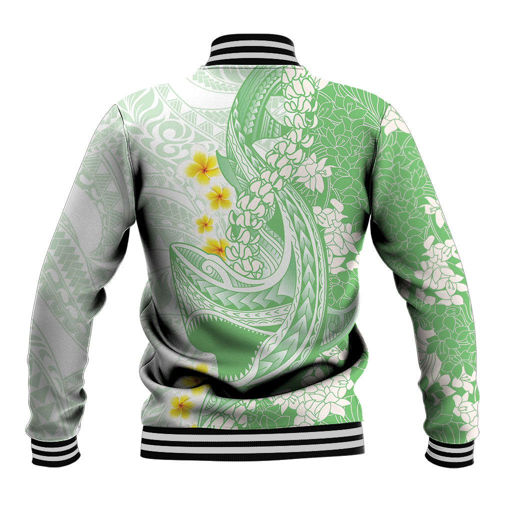 Green Hawaii Shark Tattoo Baseball Jacket Puakenikeni Lei Plumeria Polynesian Pattern