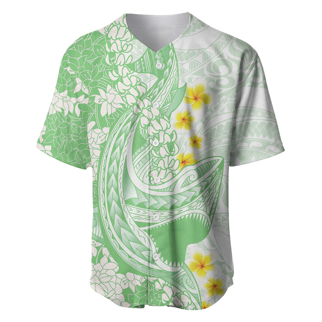 Green Hawaii Shark Tattoo Baseball Jersey Puakenikeni Lei Plumeria Polynesian Pattern