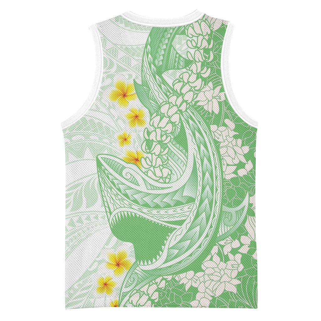 Green Hawaii Shark Tattoo Basketball Jersey Puakenikeni Lei Plumeria Polynesian Pattern