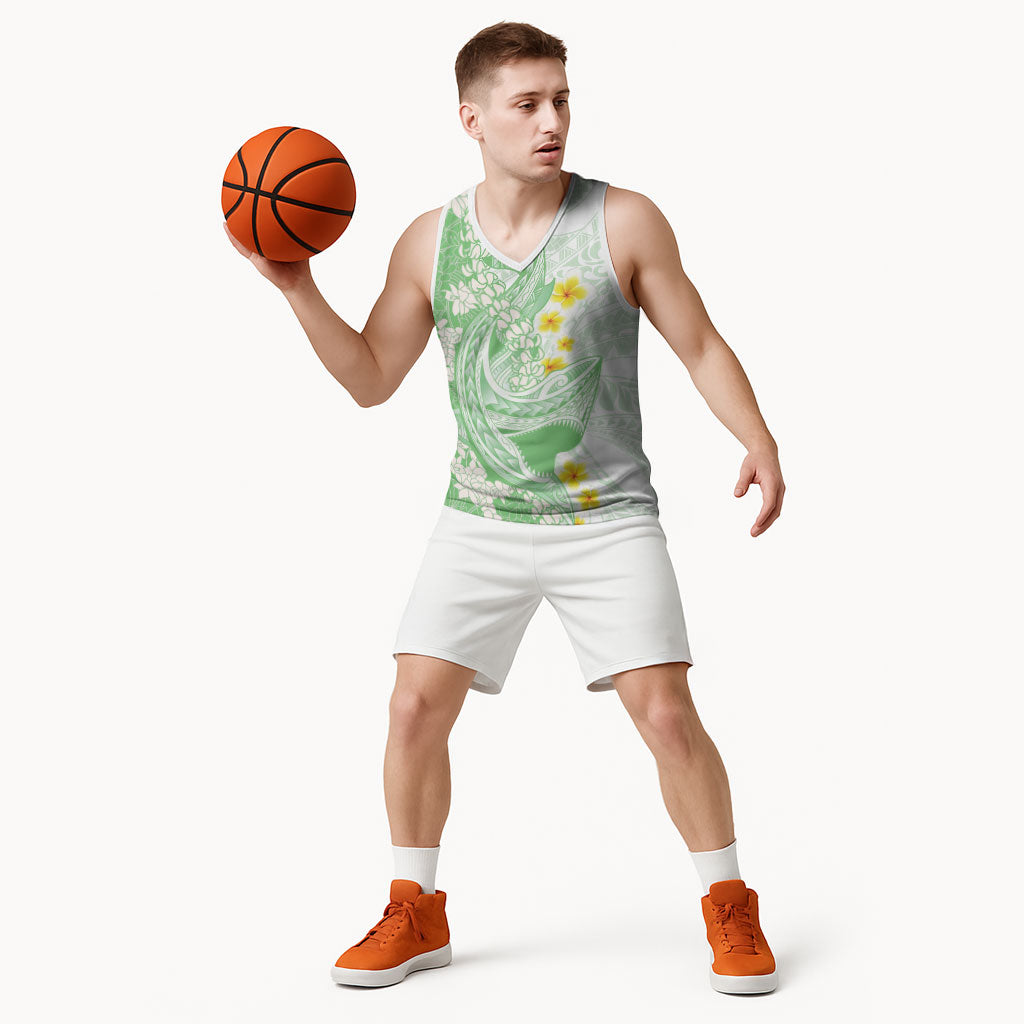 Green Hawaii Shark Tattoo Basketball Jersey Puakenikeni Lei Plumeria Polynesian Pattern
