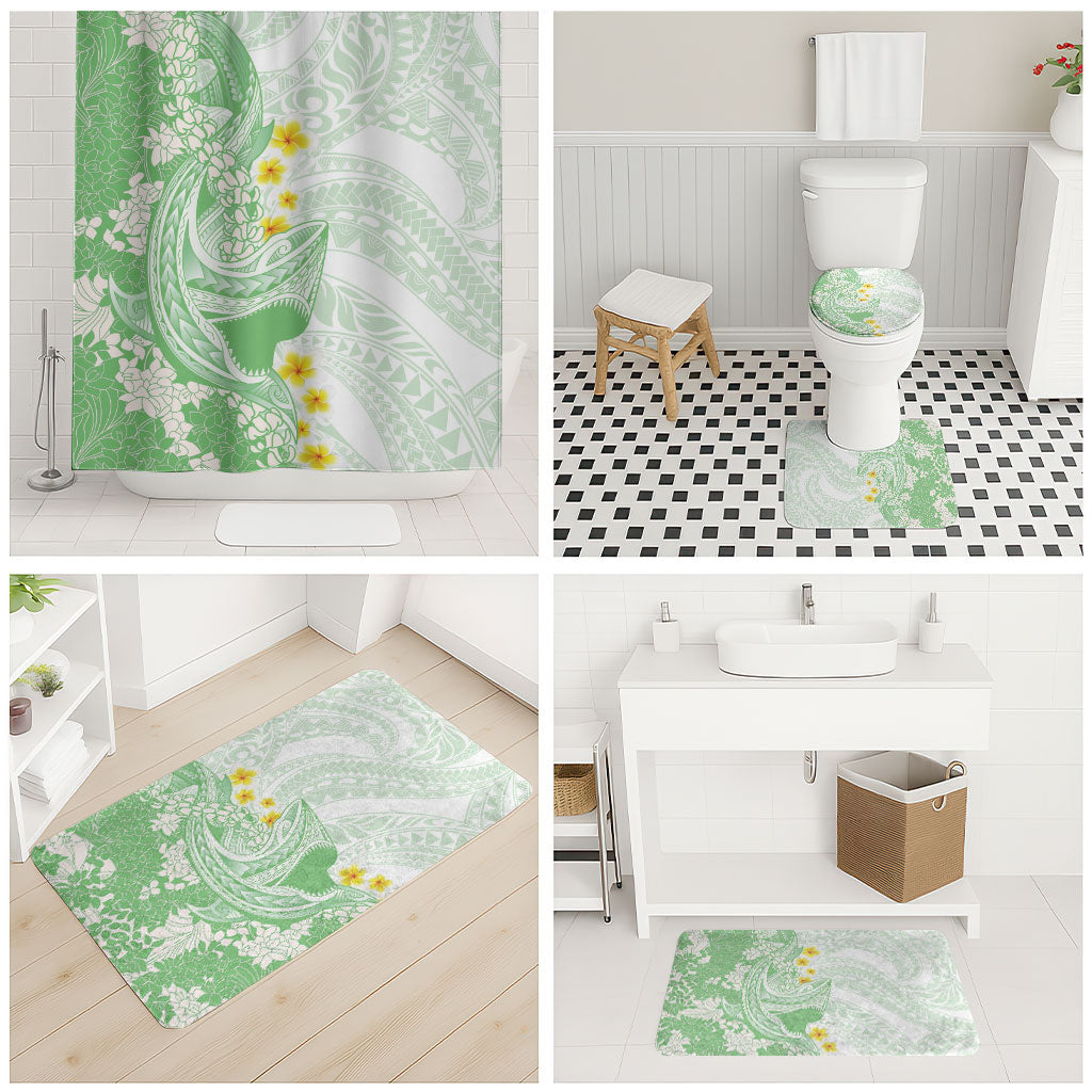 Green Hawaii Shark Tattoo Bathroom Set Puakenikeni Lei Plumeria Polynesian Pattern
