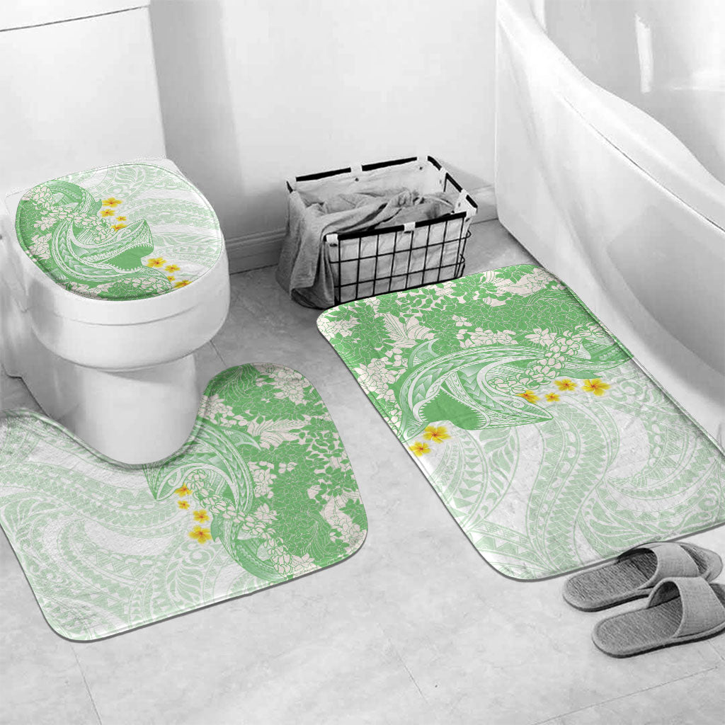 Green Hawaii Shark Tattoo Bathroom Set Puakenikeni Lei Plumeria Polynesian Pattern