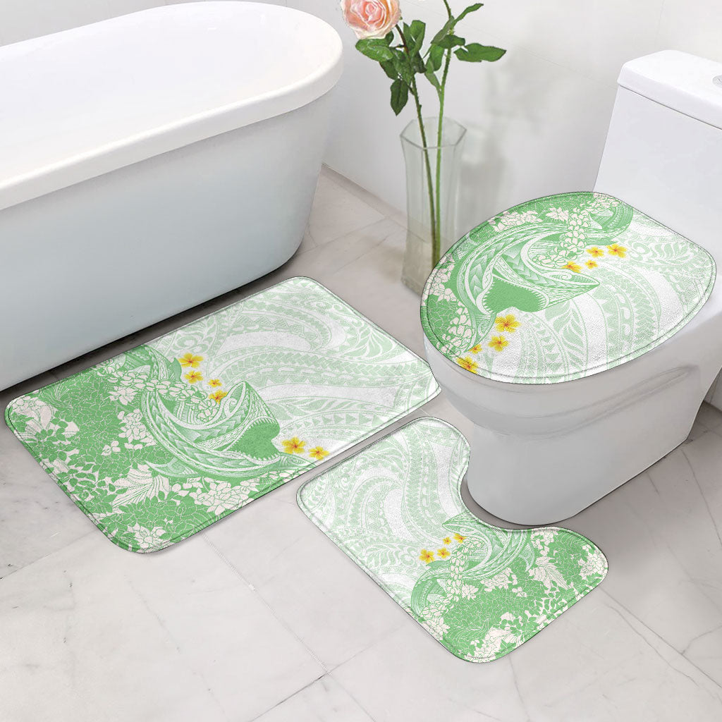 Green Hawaii Shark Tattoo Bathroom Set Puakenikeni Lei Plumeria Polynesian Pattern