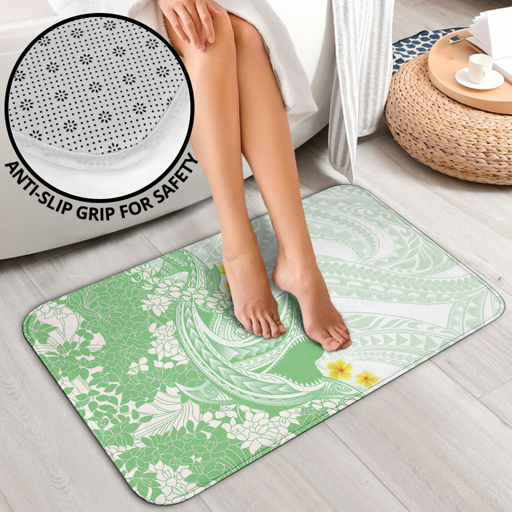 Green Hawaii Shark Tattoo Bathroom Set Puakenikeni Lei Plumeria Polynesian Pattern