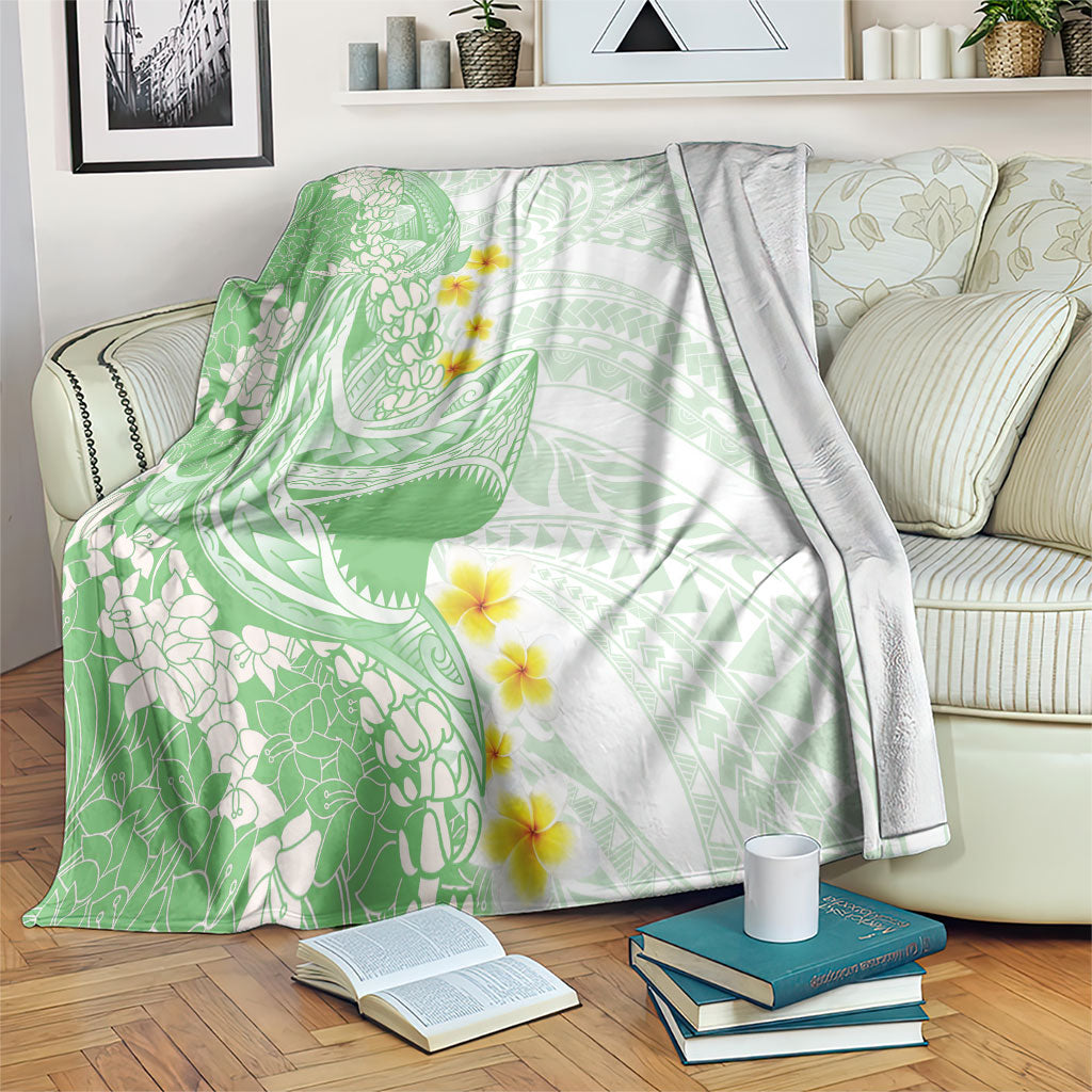 Green Hawaii Shark Tattoo Blanket Puakenikeni Lei Plumeria Polynesian Pattern