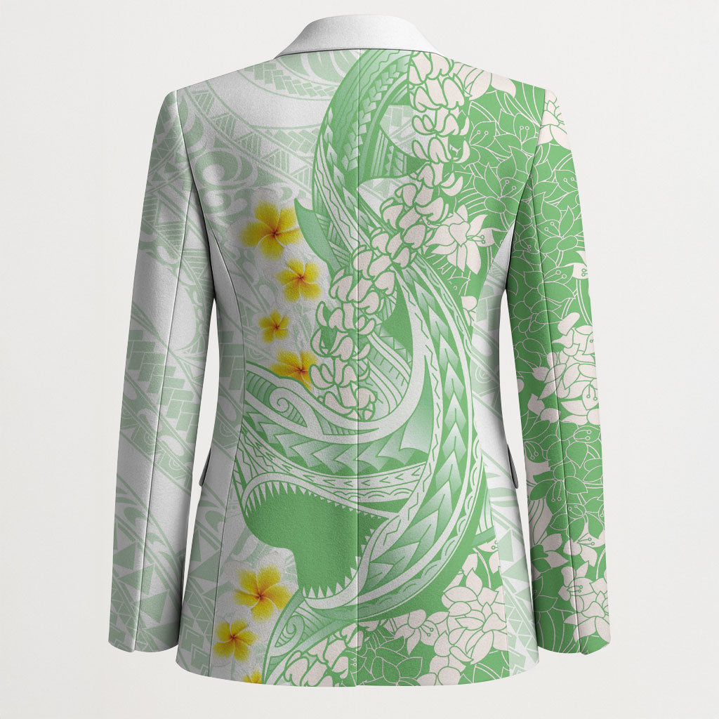 Green Hawaii Shark Tattoo Blazer Puakenikeni Lei Plumeria Polynesian Pattern