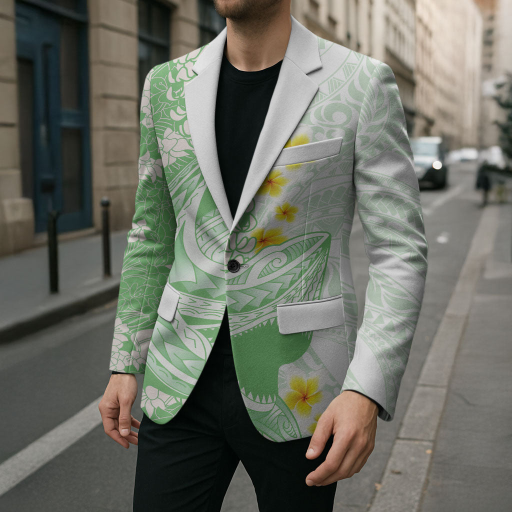 Green Hawaii Shark Tattoo Blazer Puakenikeni Lei Plumeria Polynesian Pattern