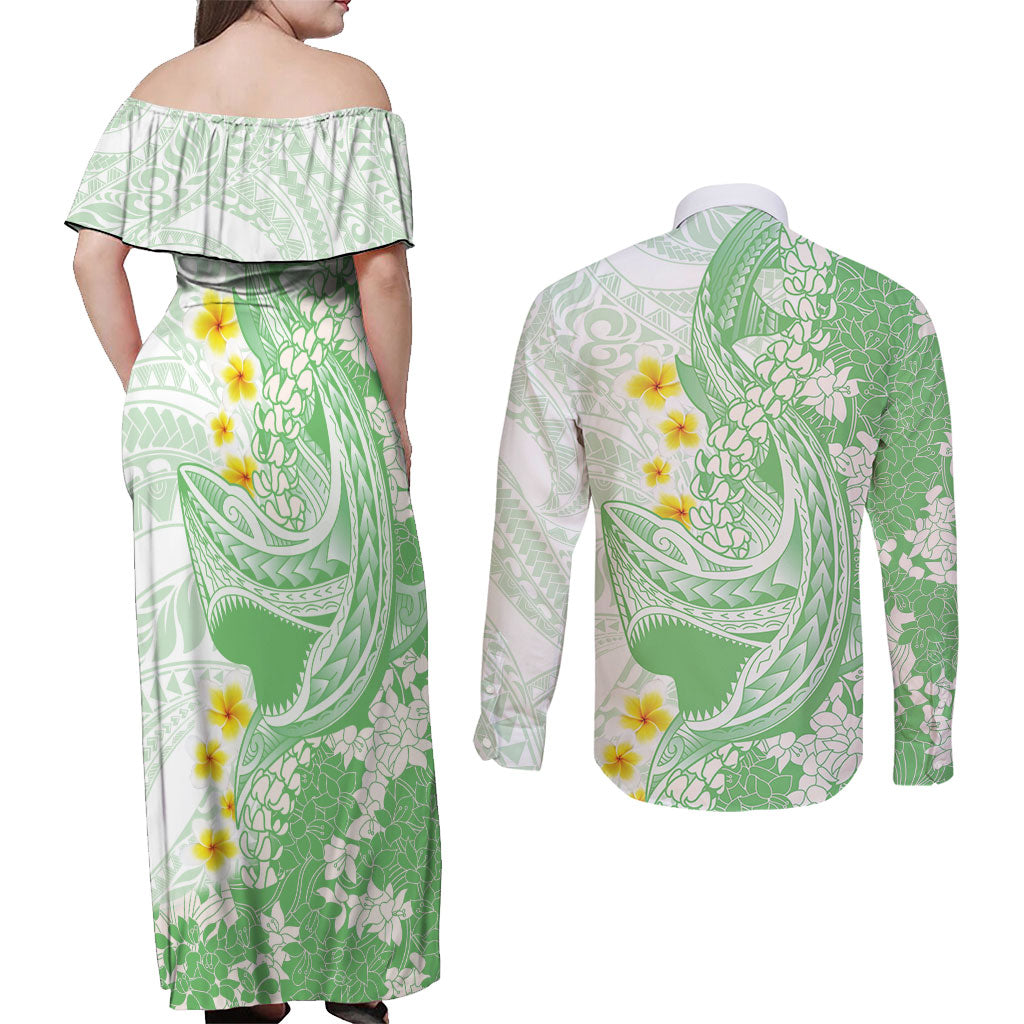 Green Hawaii Shark Tattoo Couples Matching Off Shoulder Maxi Dress and Long Sleeve Button Shirt Puakenikeni Lei Plumeria Polynesian Pattern