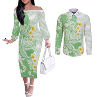 Green Hawaii Shark Tattoo Couples Matching Off The Shoulder Long Sleeve Dress and Long Sleeve Button Shirt Puakenikeni Lei Plumeria Polynesian Pattern LT14 Green - Polynesian Pride