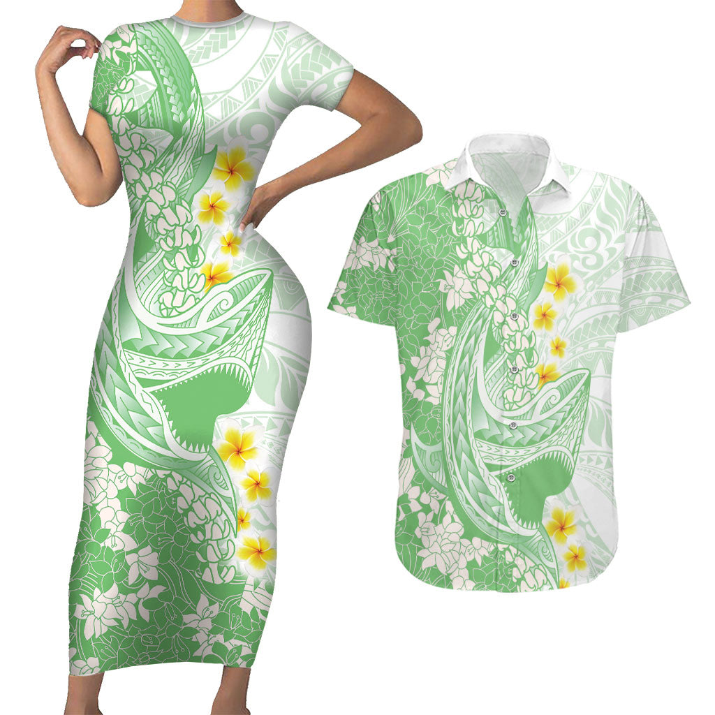 Green Hawaii Shark Tattoo Couples Matching Short Sleeve Bodycon Dress and Hawaiian Shirt Puakenikeni Lei Plumeria Polynesian Pattern LT14 Green - Polynesian Pride