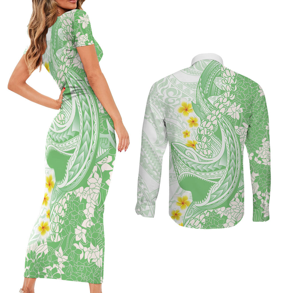 Green Hawaii Shark Tattoo Couples Matching Short Sleeve Bodycon Dress and Long Sleeve Button Shirt Puakenikeni Lei Plumeria Polynesian Pattern LT14 - Polynesian Pride