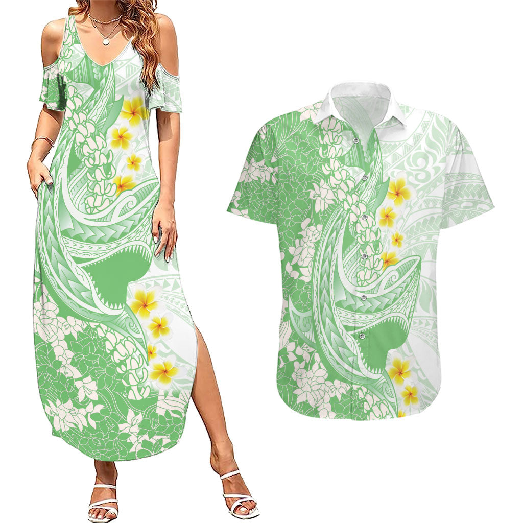 Green Hawaii Shark Tattoo Couples Matching Summer Maxi Dress and Hawaiian Shirt Puakenikeni Lei Plumeria Polynesian Pattern