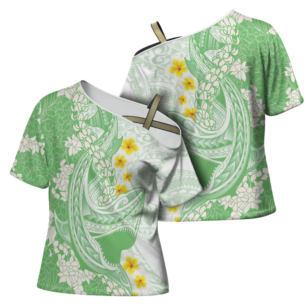 Green Hawaii Shark Tattoo Cross Shoulder Shirt Puakenikeni Lei Plumeria Polynesian Pattern