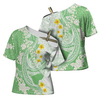 Green Hawaii Shark Tattoo Cross Shoulder Shirt Puakenikeni Lei Plumeria Polynesian Pattern