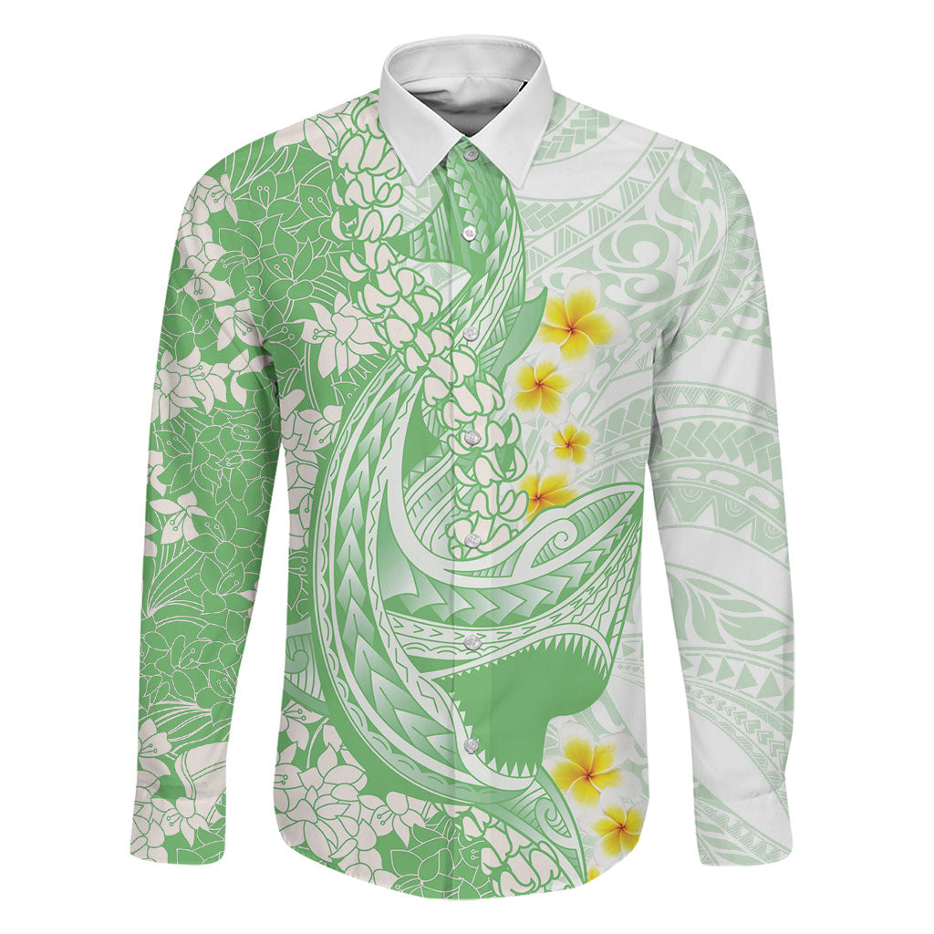 Green Hawaii Shark Tattoo Family Matching Long Sleeve Bodycon Dress and Hawaiian Shirt Puakenikeni Lei Plumeria Polynesian Pattern LT14 Dad's Shirt - Long Sleeve Green - Polynesian Pride