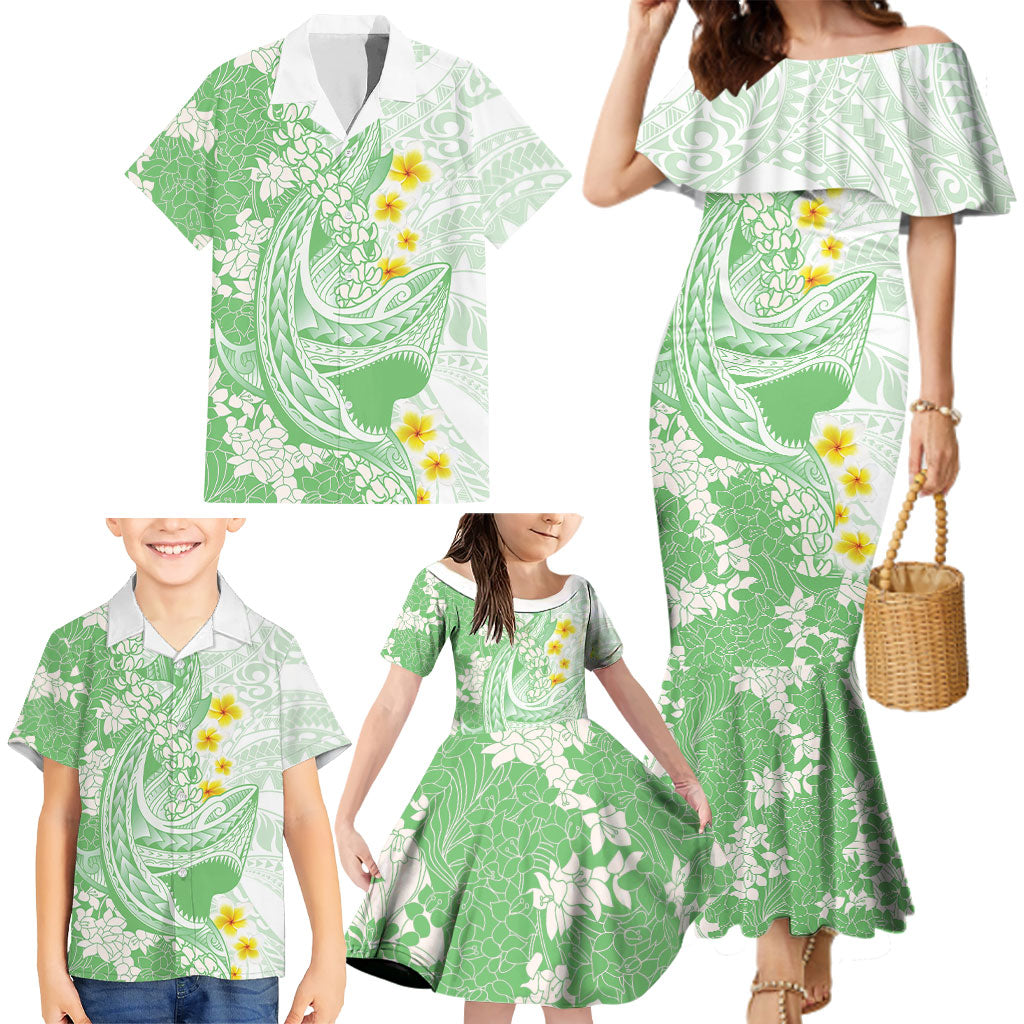 Green Hawaii Shark Tattoo Family Matching Mermaid Dress and Hawaiian Shirt Puakenikeni Lei Plumeria Polynesian Pattern
