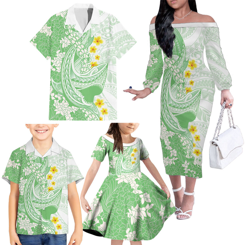 Green Hawaii Shark Tattoo Family Matching Off The Shoulder Long Sleeve Dress and Hawaiian Shirt Puakenikeni Lei Plumeria Polynesian Pattern LT14 - Polynesian Pride